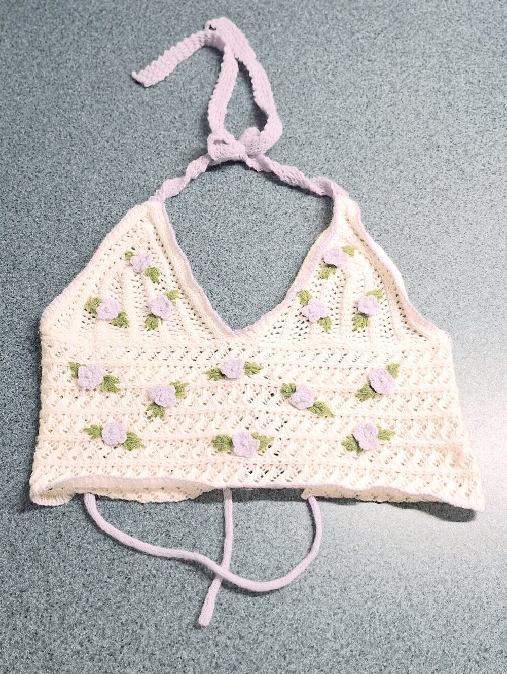 Kawaii Crochet Halter Crop Top with Lavender 3D Flowers, L(8-10) - Picture 10 of 13